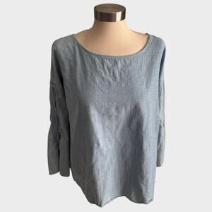 Falls Creek Womens Plus Size 1X Blue 3/4 Bell Sleeve Shirt 100% Cotton
